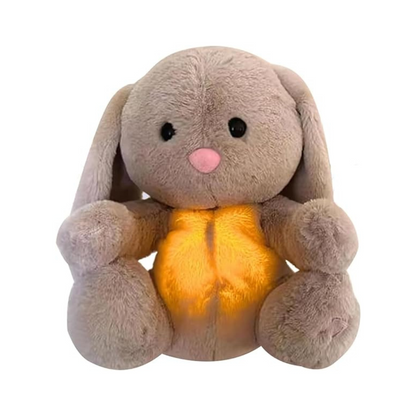Grauer Plüschhase mit leuchtendem Bauch, Kuscheltier für Kinder, Geschenkidee.