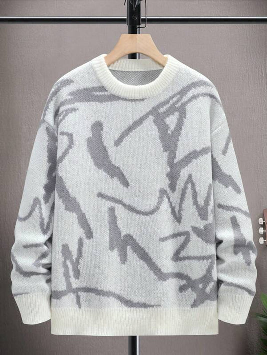 Grauer Strickpullover mit abstraktem Muster, Rundhalsausschnitt, Herrenmode, Winterkleidung.