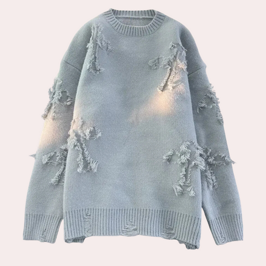 Grauer Strickpullover mit Fransen, Unisex, modisch, Baumwolle, lässig, Herbstmode.