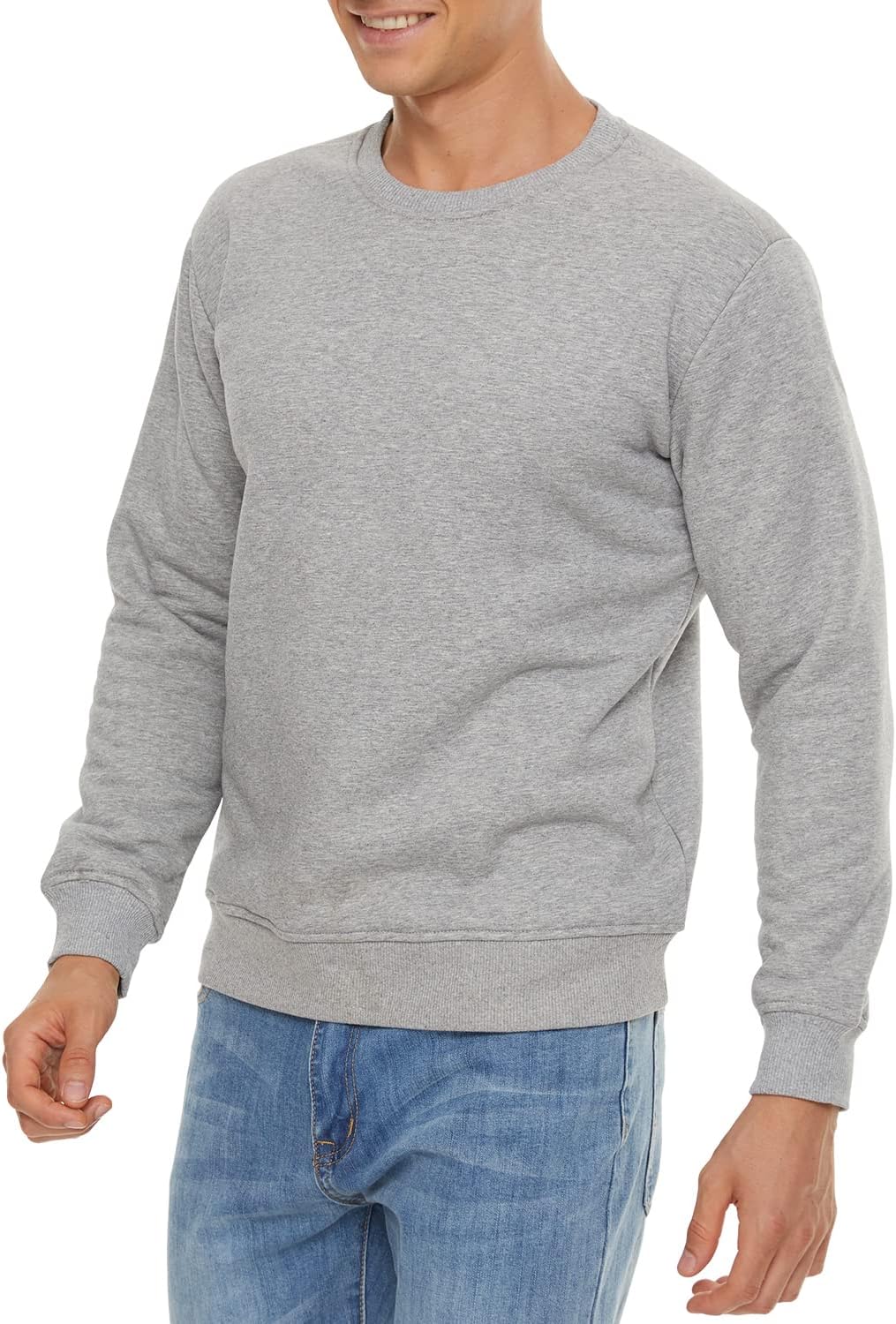 Grauer Herrenpullover, Baumwolle, Rundhals, lässig, bequem, modisch, Freizeitkleidung.
