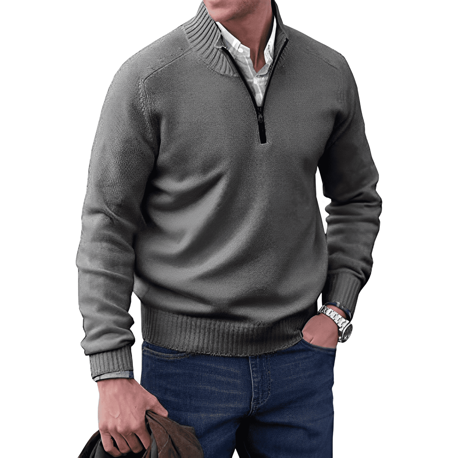 Grauer Herrenpullover mit Reißverschluss, Strick, lässig, modisch, ideal für Herbstmode.