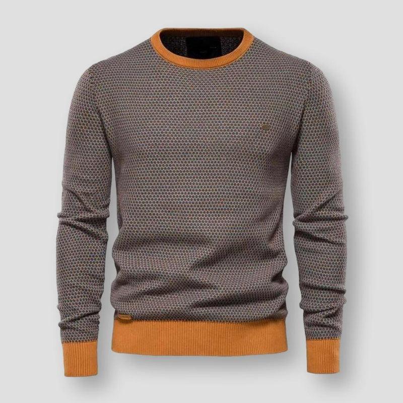 Grauer Herrenpullover mit orangefarbenem Kragen, Strickmuster, Langarm, modisch, bequem.