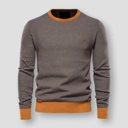Grauer Herrenpullover mit orangefarbenem Kragen, Strickmuster, Langarm, modisch, bequem.