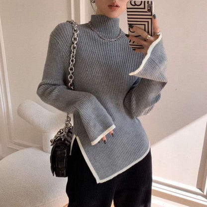 Grauer Strickpullover Damen, Rollkragen, lange Ärmel, modisch, Herbstmode, elegant.