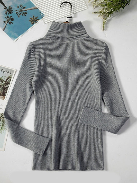 Grauer Rollkragenpullover Damen, gerippt, langärmelig, Strickmode, Herbst Winterbekleidung.