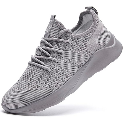 Grauer Sneaker aus Strickmaterial, atmungsaktiv, rutschfeste Sohle, ideal für Sport und Freizeit.