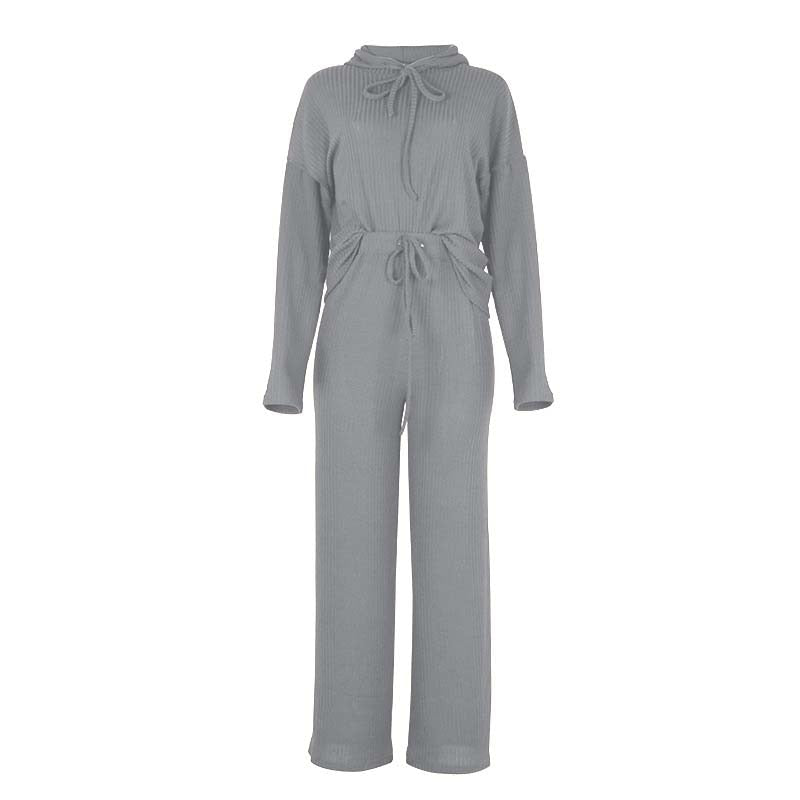 Grauer Damen-Strickoverall mit Schleife, langärmelig, bequem, modisch, Freizeitkleidung.