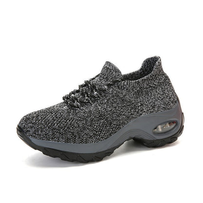 Grauer Sneaker mit Luftpolstersohle, Strickmaterial, bequeme Sportschuhe für Damen.