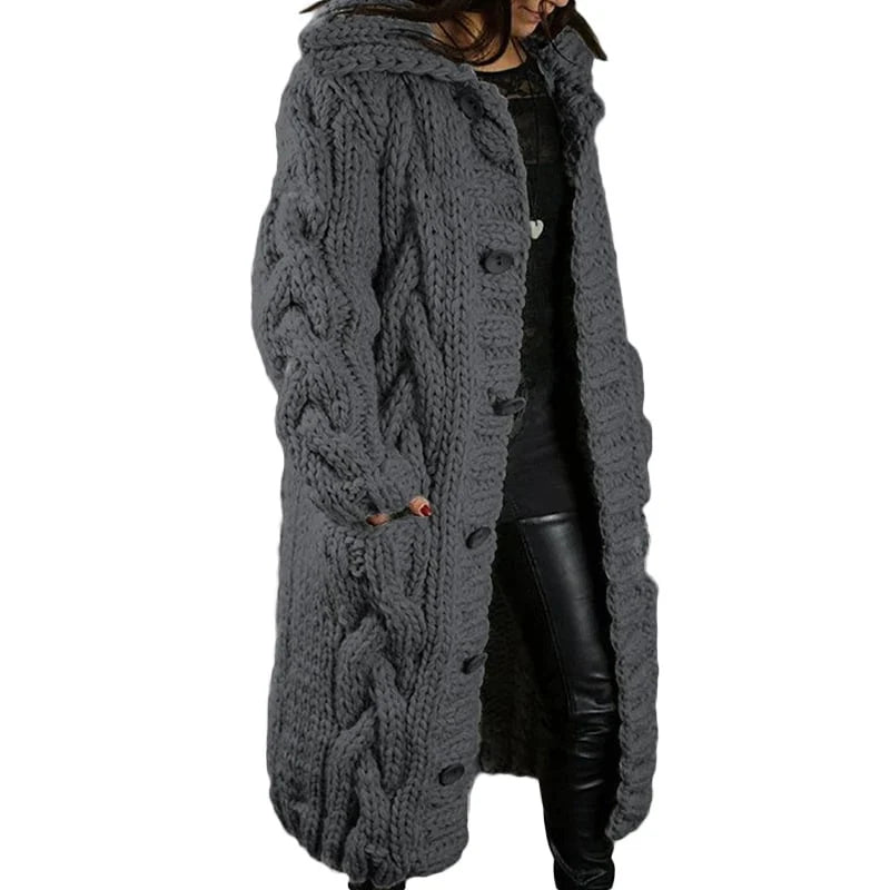 Damen Strickmantel, grau, grob gestrickt, Zopfmuster, Wintermode, warm, lang, Kapuze.