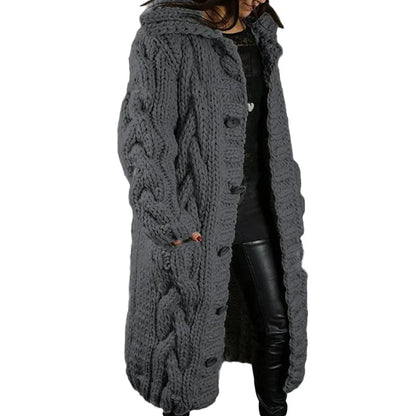 Damen Strickmantel, grau, grob gestrickt, Zopfmuster, Wintermode, warm, lang, Kapuze.