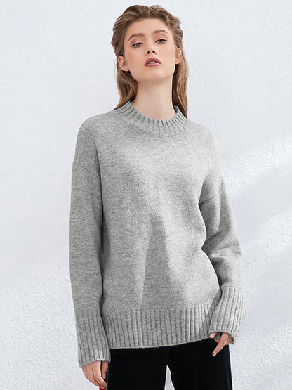 Grauer Damenpullover aus Wolle, lässig, langärmelig, Rundhalsausschnitt, Herbstmode.