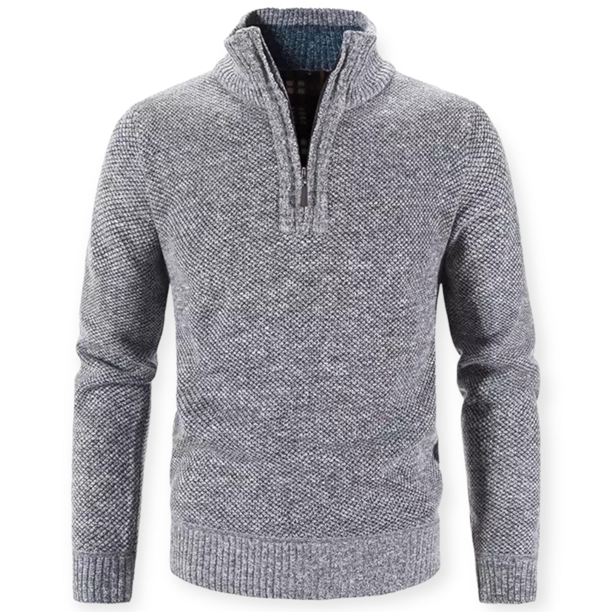 Grauer Herrenpullover mit Reißverschluss, Strick, warm, modisch, Winterkleidung, Freizeitmode.