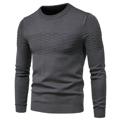 Dunkelgrauer Herrenpullover, Strickmuster, Rundhalsausschnitt, Langarm, modisch, warm.