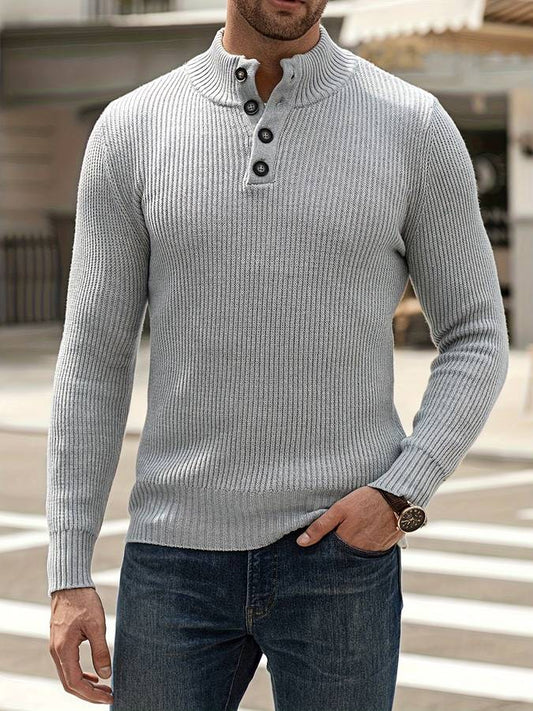 Grauer Herrenpullover mit Knopfleiste, Strick, modisch, lässig, Herbstmode, Langarm.