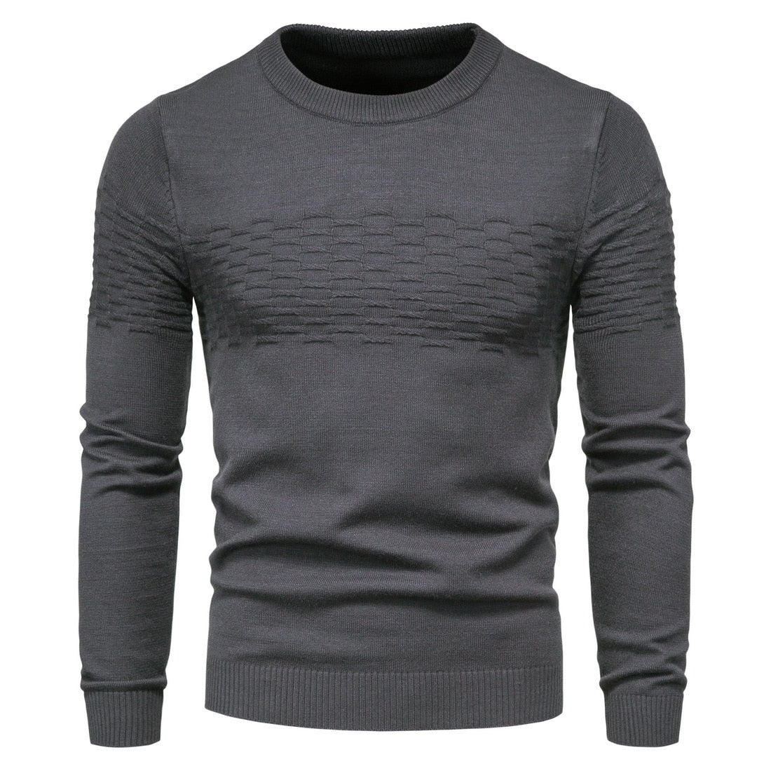 Grauer Herrenpullover, Strickmuster, Rundhalsausschnitt, Langarm, modisch, bequem.