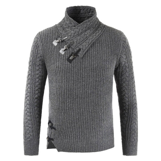 Dunkelgrauer Strickpullover mit Schalkragen und Zierknöpfen, Herrenmode, Winterkleidung.