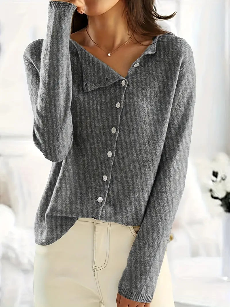 Grauer Damen-Strickpullover mit Knopfleiste, V-Ausschnitt, langärmelig, modisch.