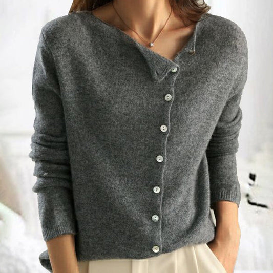 Grauer Damen-Cardigan aus Kaschmir, V-Ausschnitt, Knopfleiste, elegantes Design, Herbstmode.