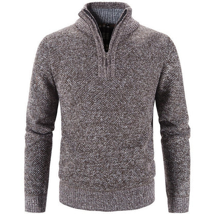 Grauer Herrenpullover mit Reißverschluss, Strick, warm, modisch, Winterkleidung.