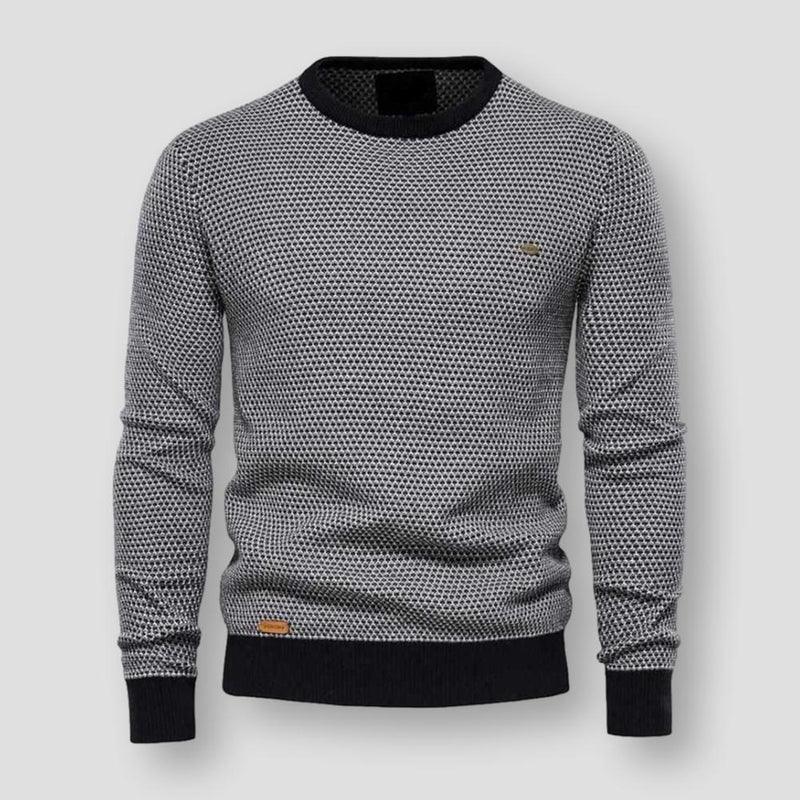 Grauer Herrenpullover, Strickmuster, Rundhalsausschnitt, Baumwolle, modisch, bequem.