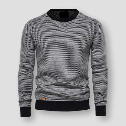 Grauer Herrenpullover, Strickmuster, Rundhalsausschnitt, Baumwolle, modisch, bequem.
