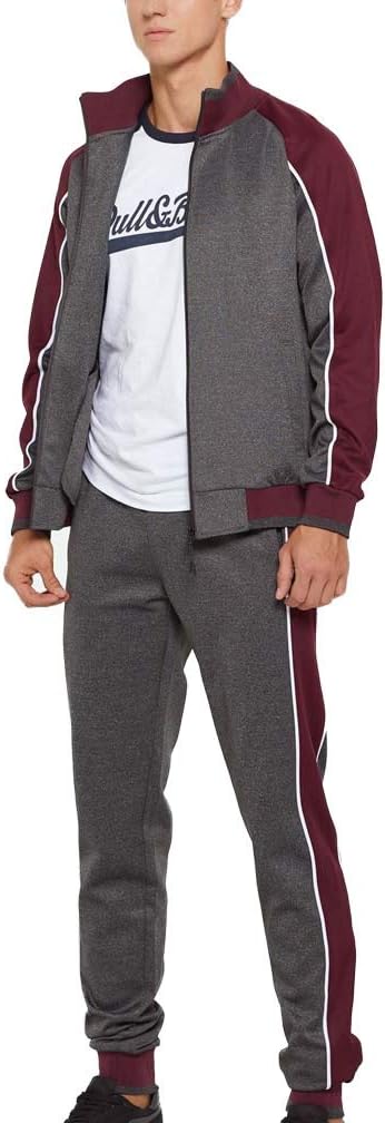 Grauer Trainingsanzug Herren, bordeauxrote Streifen, Sportbekleidung, Freizeitmode, Baumwolle.