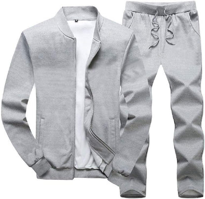 Grauer Herren-Trainingsanzug, Baumwolle, Reißverschlussjacke und Jogginghose, sportlich, bequem.
