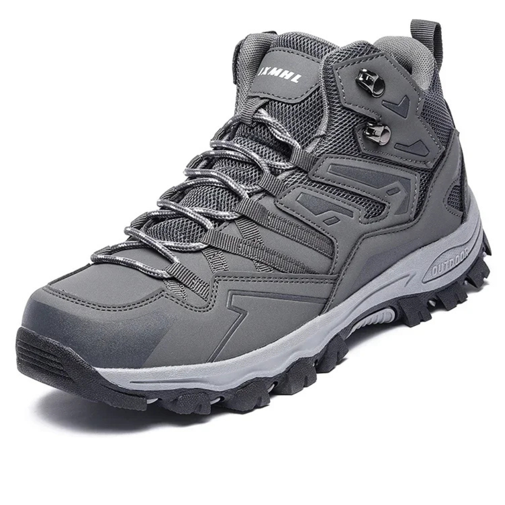 Grauer Wanderschuh, wasserdicht, rutschfeste Sohle, Outdoor, Herren, robustes Design.