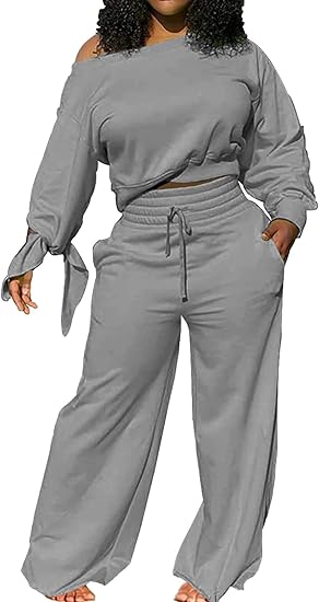 Graues Damen-Sweatshirt und Jogginghose Set, lässig, bequem, Freizeitkleidung.