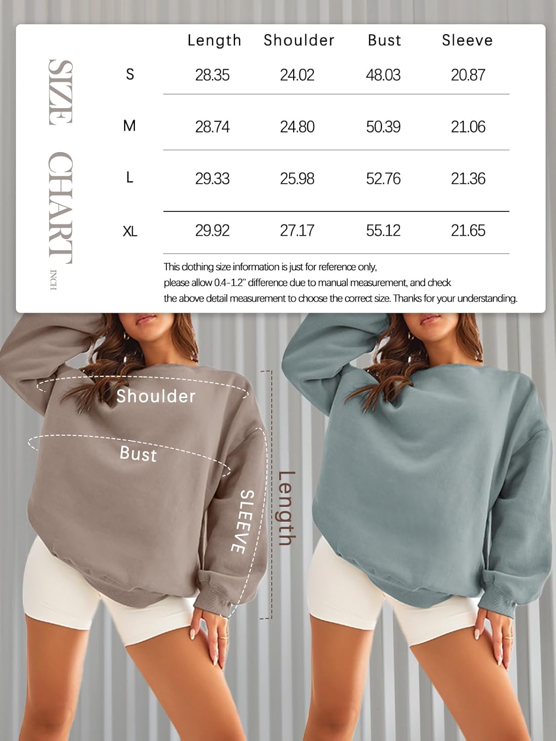 Damenpullover in Beige und Blau, Oversize, Baumwolle, Größentabelle, modisch, bequem.