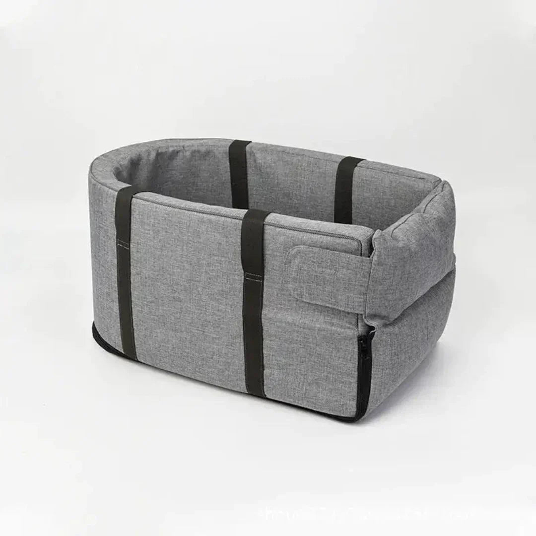 Graues Hundebett aus Stoff, rechteckig, mit schwarzen Streifen, bequem und stilvoll.