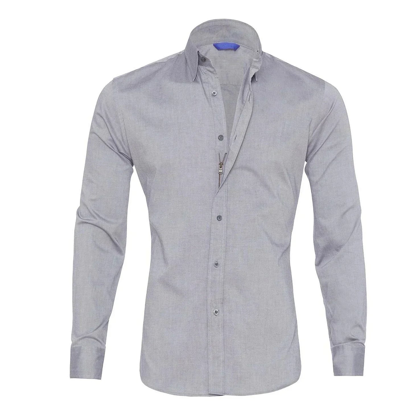 Graues Herrenhemd mit Reißverschluss, langärmelig, schlank, Business-Casual-Stil.
