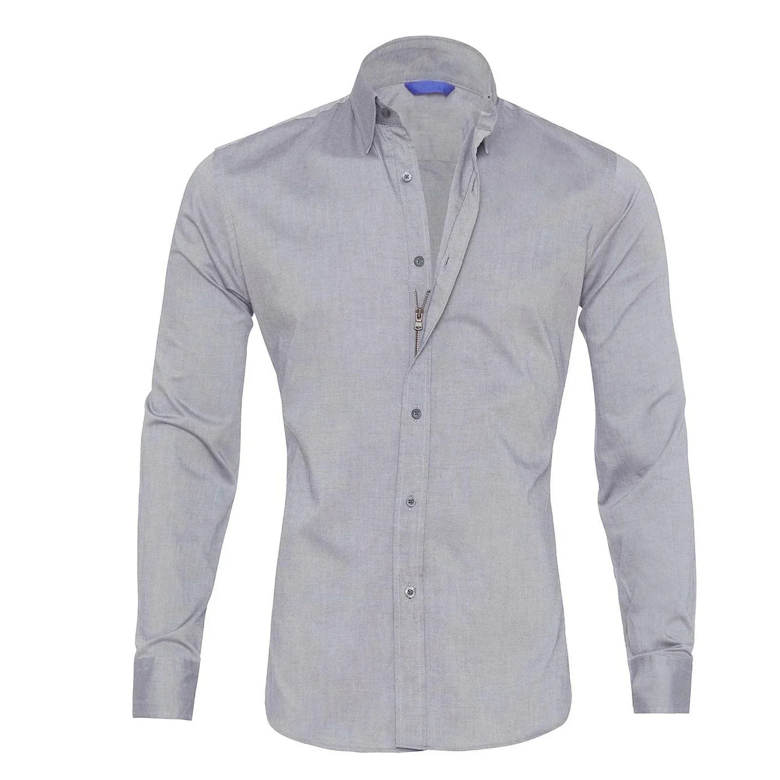 Graues Herrenhemd mit Reißverschluss, langärmelig, schlank, Business-Casual-Stil.
