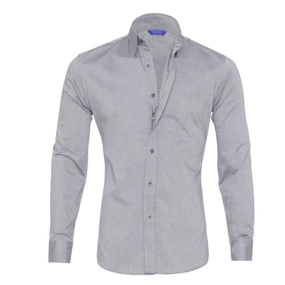 Graues Herrenhemd mit Reißverschluss, langärmelig, schlank, Business-Casual-Stil.