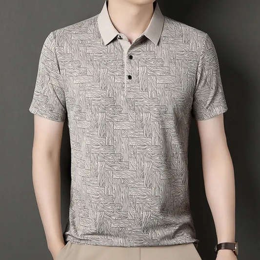 Graues Herren-Poloshirt mit geometrischem Muster, kurzärmelig, Baumwolle, Freizeitmode.