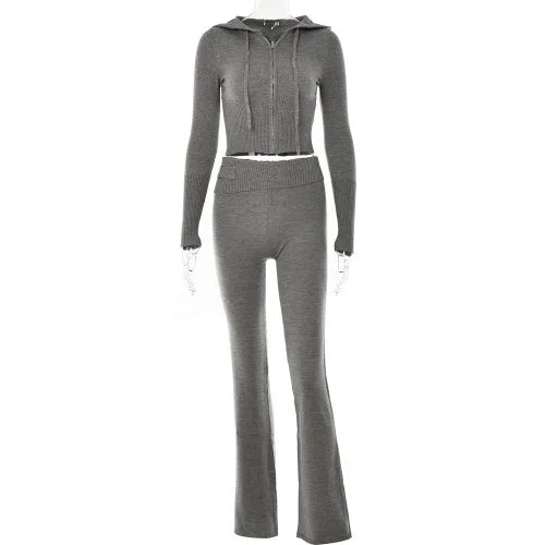 Graues Strick-Hoodie-Set, Damen, hohe Taille, ausgestellte Hose, modisch, bequem.