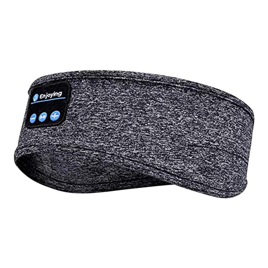 Dunkelgraues Bluetooth-Stirnband mit Bedienelementen, ideal für Sport und Musik.