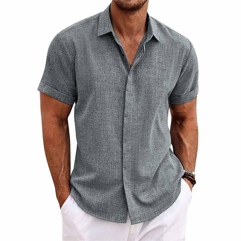 Graues Herrenhemd, kurzärmelig, Leinenoptik, lässig, Sommermode, eleganter Stil.