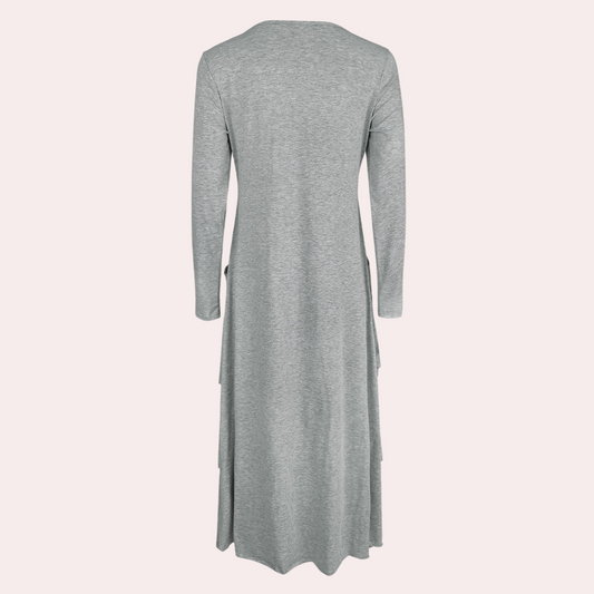 Graues langes Damenkleid aus Baumwolle, Rückansicht, elegantes Design, knöchellang.