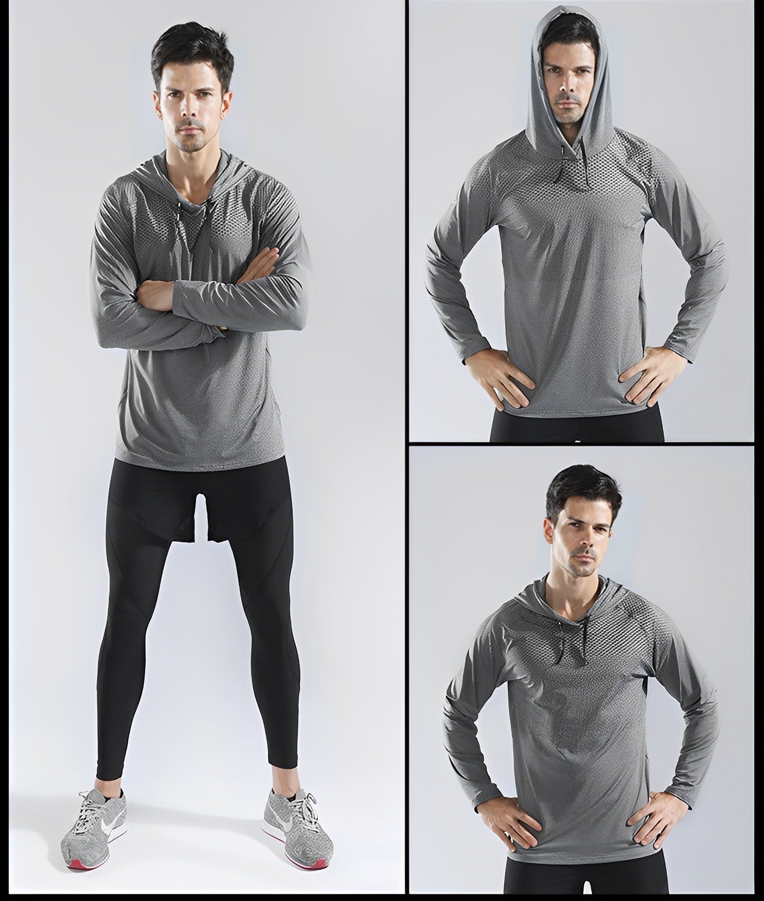 Mann in grauem Sport-Hoodie und schwarzer Leggings, Fitnessmode, Sportbekleidung für Herren.