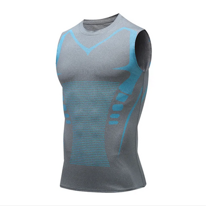 Graues ärmelloses Sportshirt für Herren, atmungsaktiv, mit blauen Akzenten.