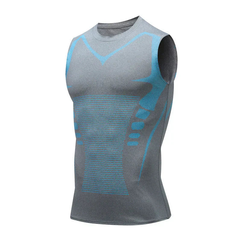Graues ärmelloses Kompressionsshirt, atmungsaktiv, Sportbekleidung, Herren, Fitness.