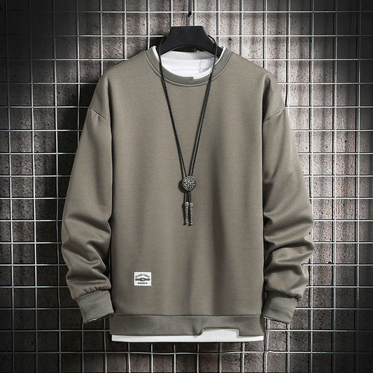Graues Herren-Sweatshirt mit Rundhalsausschnitt, Kordelanhänger, lässiger Stil, Baumwolle.