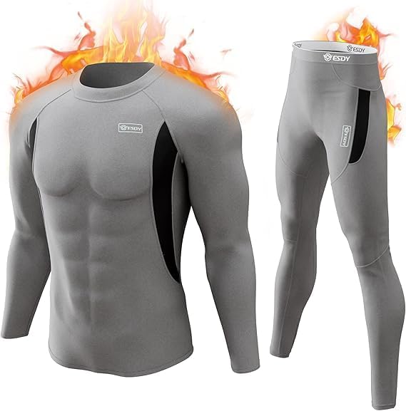 Graues Kompressionsshirt und -hose Set, langarm, atmungsaktiv, für Sport und Fitness.