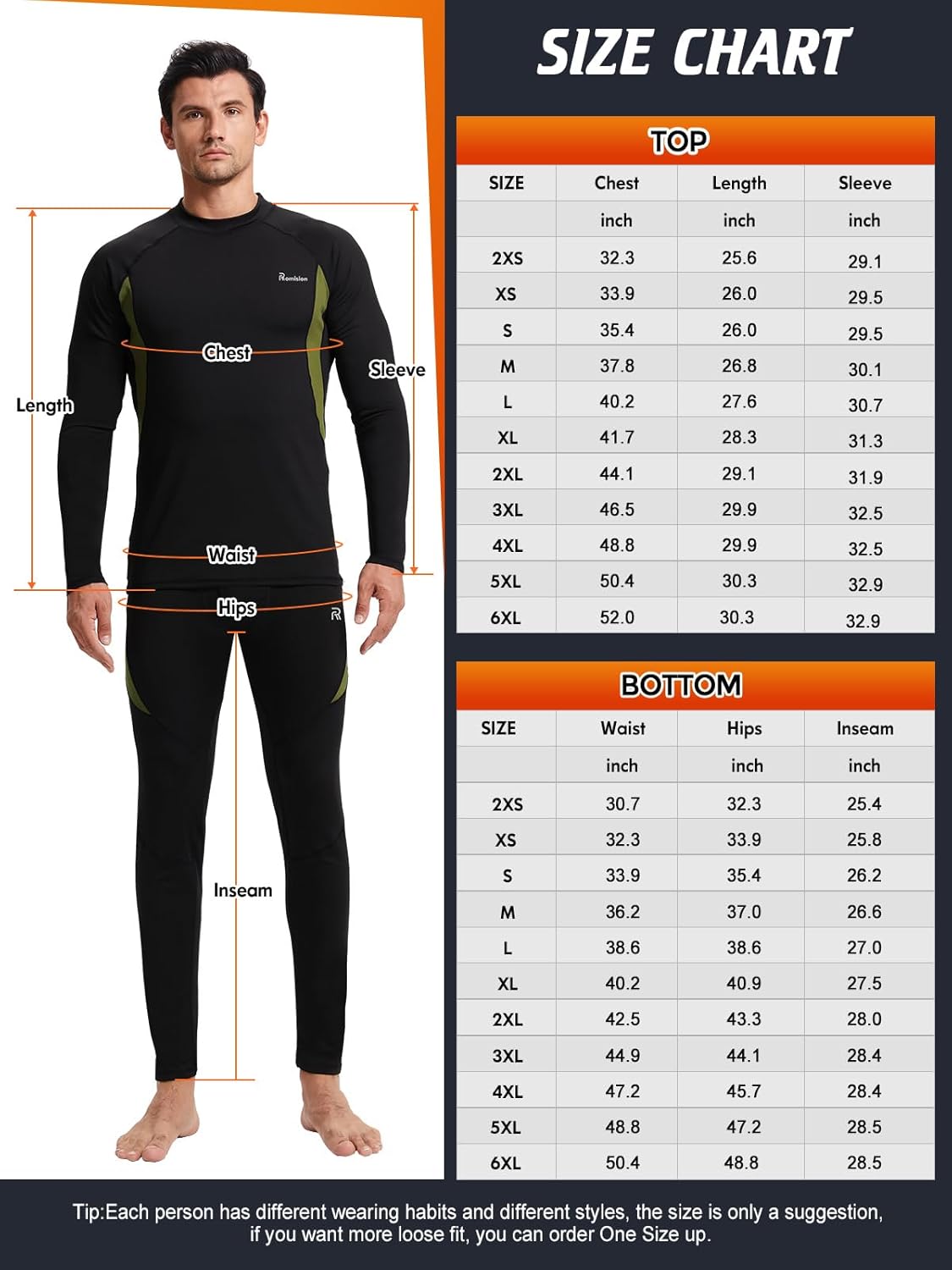 Größentabelle für schwarze Thermounterwäsche-Set, Herren, langärmelig, atmungsaktiv, elastisch.