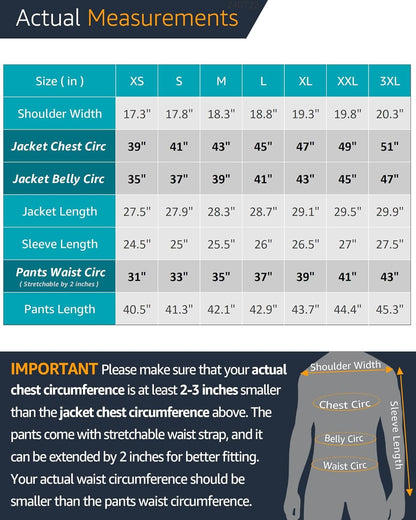 Größentabelle für Jacken und Hosen, Maße in Zoll, wichtige Hinweise zur Passform.
