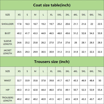 Größentabelle für Mäntel und Hosen in Zoll, grüne Tabelle, Größen XS bis 7XL.