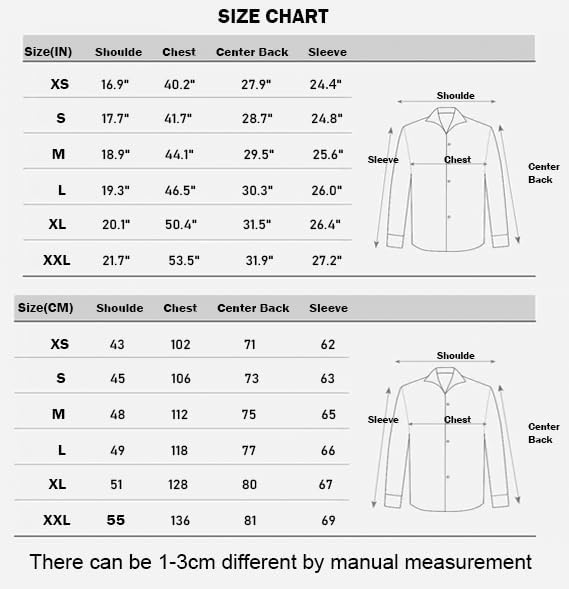 Größentabelle für Hemden, Maße in Zoll und Zentimeter, XS bis XXL, mit Diagramm und Anmerkung.