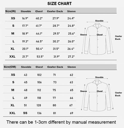 Größentabelle für Hemden, Maße in Zoll und Zentimeter, XS bis XXL, mit Diagramm und Anmerkung.