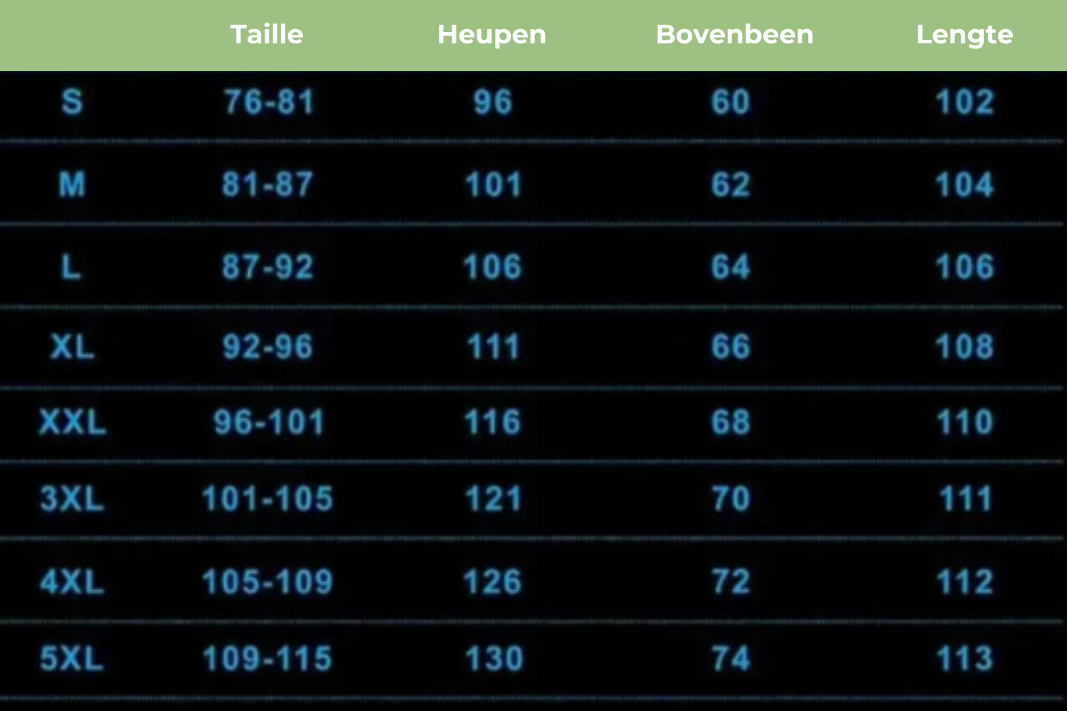 Größentabelle für Kleidung, Maße in cm: Taille, Hüften, Oberschenkel, Länge.